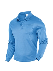 Close-up of blue mesh polo shirt showing 100% polyester fabric texture and chest pocket
