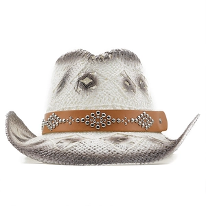 Chapeau de cowboy vintage en paille blanche avec finition grise et bande cloutée
