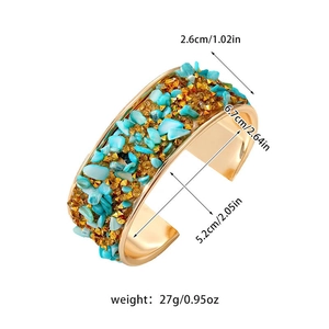Detailed size specifications for wide open cuff bracelet with colorful crushed stones