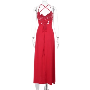 Detailed back view of red cowl neck maxi dress with cross strap and ruched details