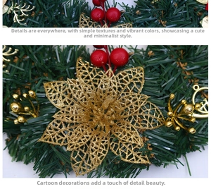 Close-up of Christmas wreath with golden glitter flowers, red berries and green pine needles