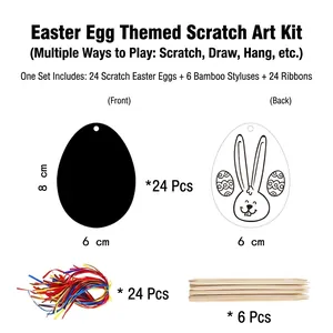 24-piece Easter egg scratch art kit with colorful ribbons and bamboo drawing sticks