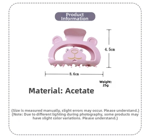 Pink acetate bear hair claw clip detail with dimensions 8.6cm x 4.5cm and 25g weight