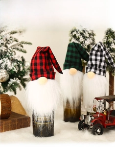 Three-piece Christmas gnome wine bottle covers with plaid hats and white faux fur beards