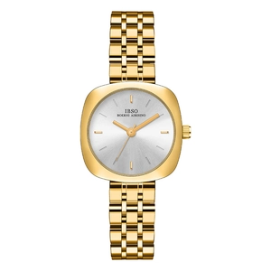 Elegant gold square stainless steel women's watch with silver sunray textured dial
