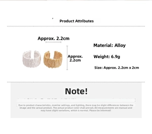 Detailed size chart and weight specifications for these metallic wrinkled geometric rings