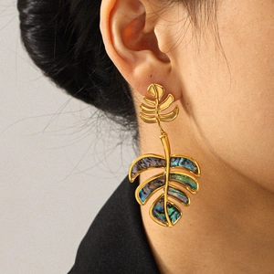 Detailed view of iridescent abalone shell inlay on golden leaf-shaped earrings