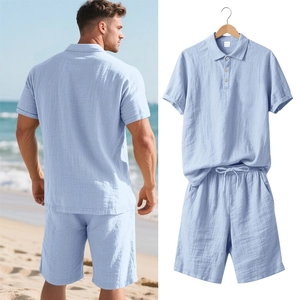 Men's light blue linen polo and shorts set with textured fabric and beach style