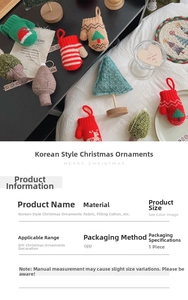Macro detail of cozy knit Christmas tree ornaments with fabric texture and hanging loop