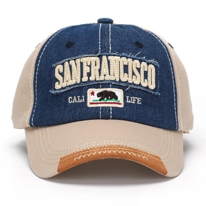 Vintage San Francisco polar bear embroidery baseball cap with blue denim and beige fabric