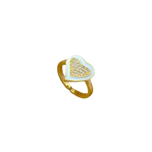 Adjustable gold open heart ring with white enamel border and pavé cubic zirconia