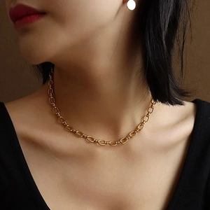 18K gold plated stainless steel pig nose chain necklace and round stud earrings set for women