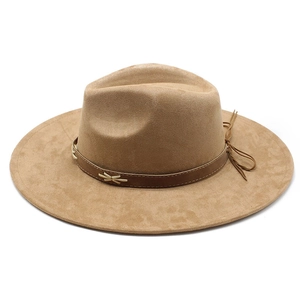 Vintage camel suede wide brim fedora hat with dark brown leather band and tassel detail