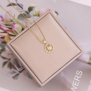 18K gold plated Leo zodiac necklace with micro-paved cubic zirconia round pendant