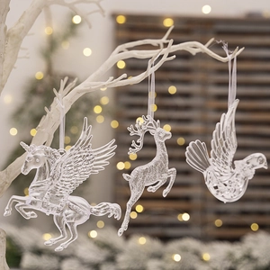 Christmas Tree Hanging Ornaments Transparent Acrylic Unicorn Pegasus Reindeer Bird Shapes Holiday Party Decor Clear