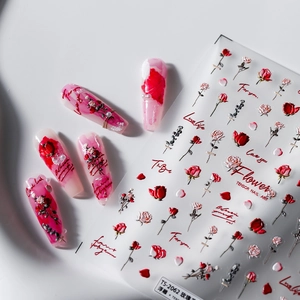 Detailed 3D embossed rose and floral nail art stickers with elegant script text decals