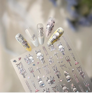 Gothic Lolita nail stickers featuring bunny, crosses, and chains with sample tips