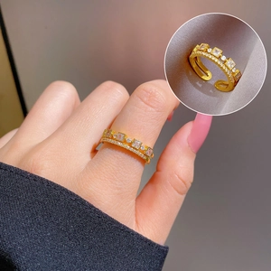 Adjustable Open Ring Brass Gold Plated Cubic Zirconia Double Layer Square Round Stones Fashion Minimalist Jewelry Women