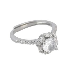 Elegant rose-shaped cubic zirconia engagement ring in silver with adjustable band