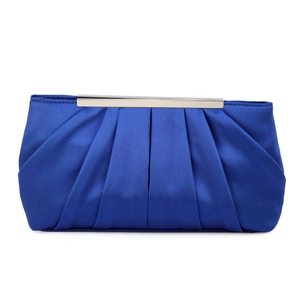 Close-up of elegant blue pleated satin evening bag with silver metal frame and clasp