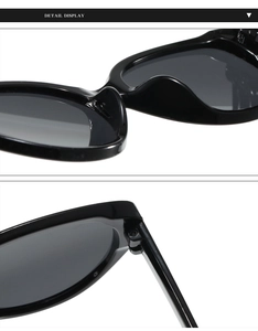 Detail view of integrated nose pads and metal hinge on black cat-eye sunglasses