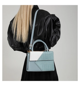 Detailed back view of a blue and white crocodile pattern small square bag with golden hardware