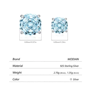 S925 sterling silver square aquamarine stud earrings in 6mm and 8mm sizes with 4-prong setting