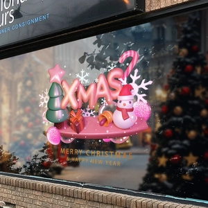 3D pink Christmas window stickers with XMAS letters, snowman and tree on glass storefront