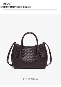 Detailed view of woven dark brown leather tote bag with crossbody strap and rich texture