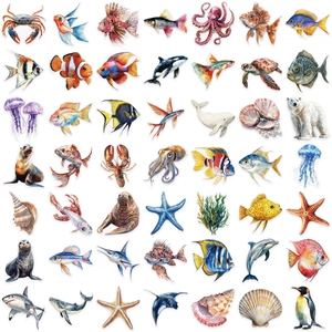 Set of 50 waterproof transparent PET ocean life stickers featuring watercolor sea animals