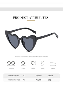 Detailed size specifications of heart-shaped sunglasses with AC lens and PC frame