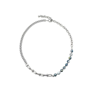 Unisex titanium steel necklace with natural blue stone beads and silver Cuban chain link