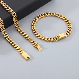 Hip Hop Cuban Link Chain Jewelry Set For Men 304 Stainless Steel Necklace And Bracelet Minimalist Punk Style