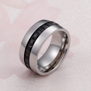 Silver brushed finish stainless steel ring with black cubic zirconia inlay for unisex style