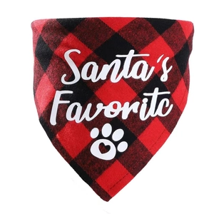 Detail of red and black plaid cotton pet bandana with white Santa's Favorite print