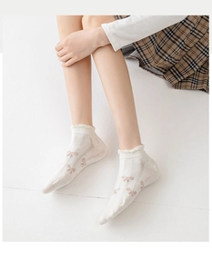 Close-up of white summer ankle socks with delicate pink bow and wavy lace trim detail