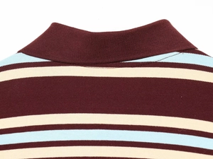 Detail of multi-color striped polo neckline with burgundy ribbing and neat stitching