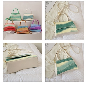 Detail shots of the colorful tie-dye trapezoid handbag from front, back and bottom views