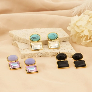 Double layered geometric square drop earrings with colorful gemstones and gold finish