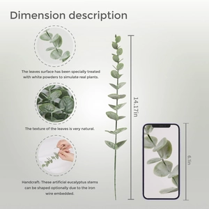 Artificial eucalyptus stems dimension guide with detailed leaf texture and bendable wire feature