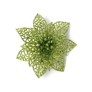 Glittery green 15cm artificial poinsettia flower for Christmas tree decoration