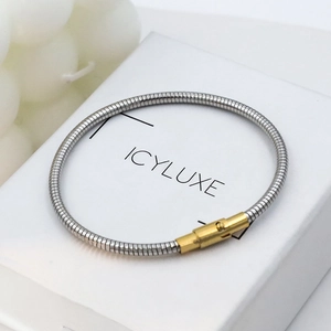 Detail of silver snake chain bracelet with golden cylindrical clasp on a gift box
