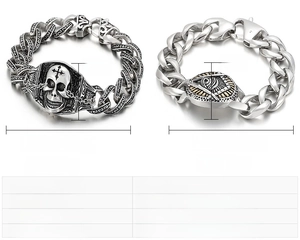 Size chart showing punk stainless steel skull bracelets with detailed weight and dimensions