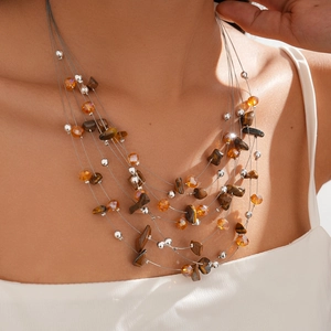 Bohemian Multi Layer Tiger Eye Stone Beaded Necklace Vintage Glass Copper Metal Strand Jewelry For Women