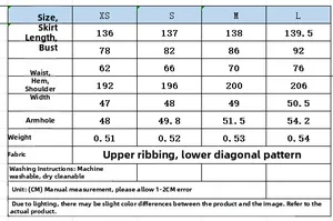 Detailed size chart for minimalist long dress including length, bust, waist, and shoulder data