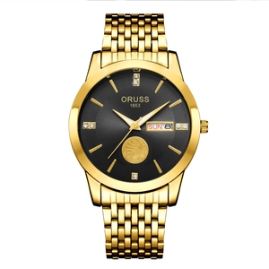 Waterproof gold stainless steel business watch for men with black dial and day-date display
