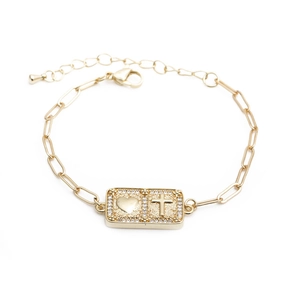Hiphop gold paperclip chain bracelet with heart and cross zircon charms for women