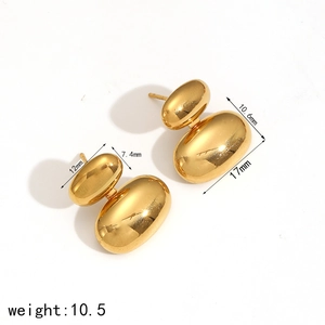 Polished gold bean-shaped stainless steel earrings with precise size dimensions