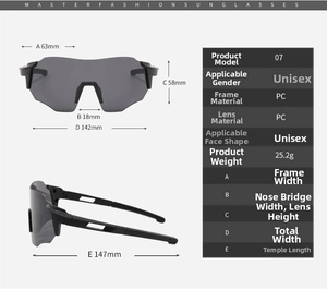 Size chart for punk sports sunglasses showing frame width, lens height, and bridge details
