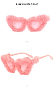 Detailed views of pink fuzzy heart-shaped sunglasses with plush faux fur frame texture